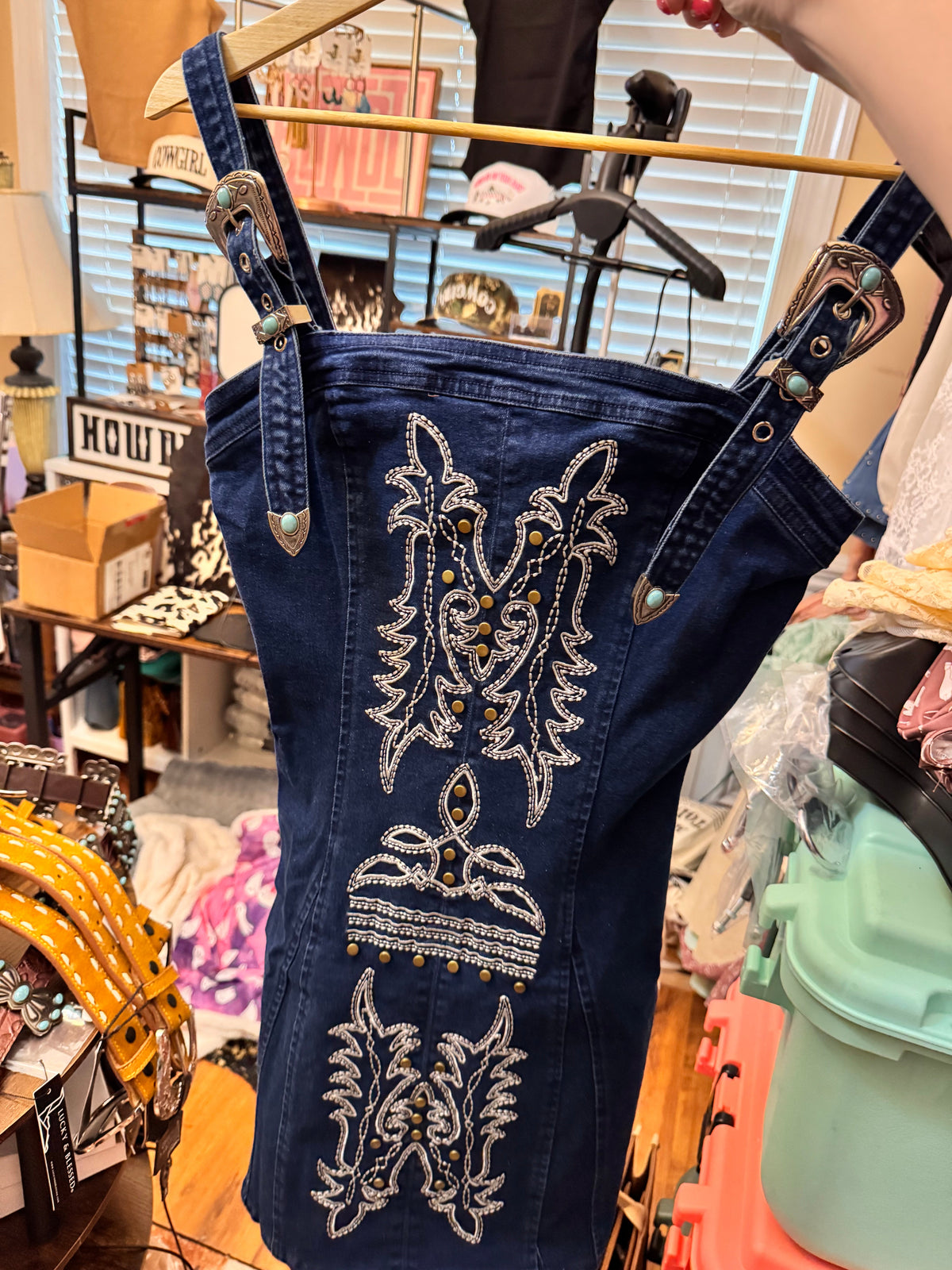 The Blake Dark Wash Denim Ivory Embroidered Buckle Tank Denim Stretch Dress
