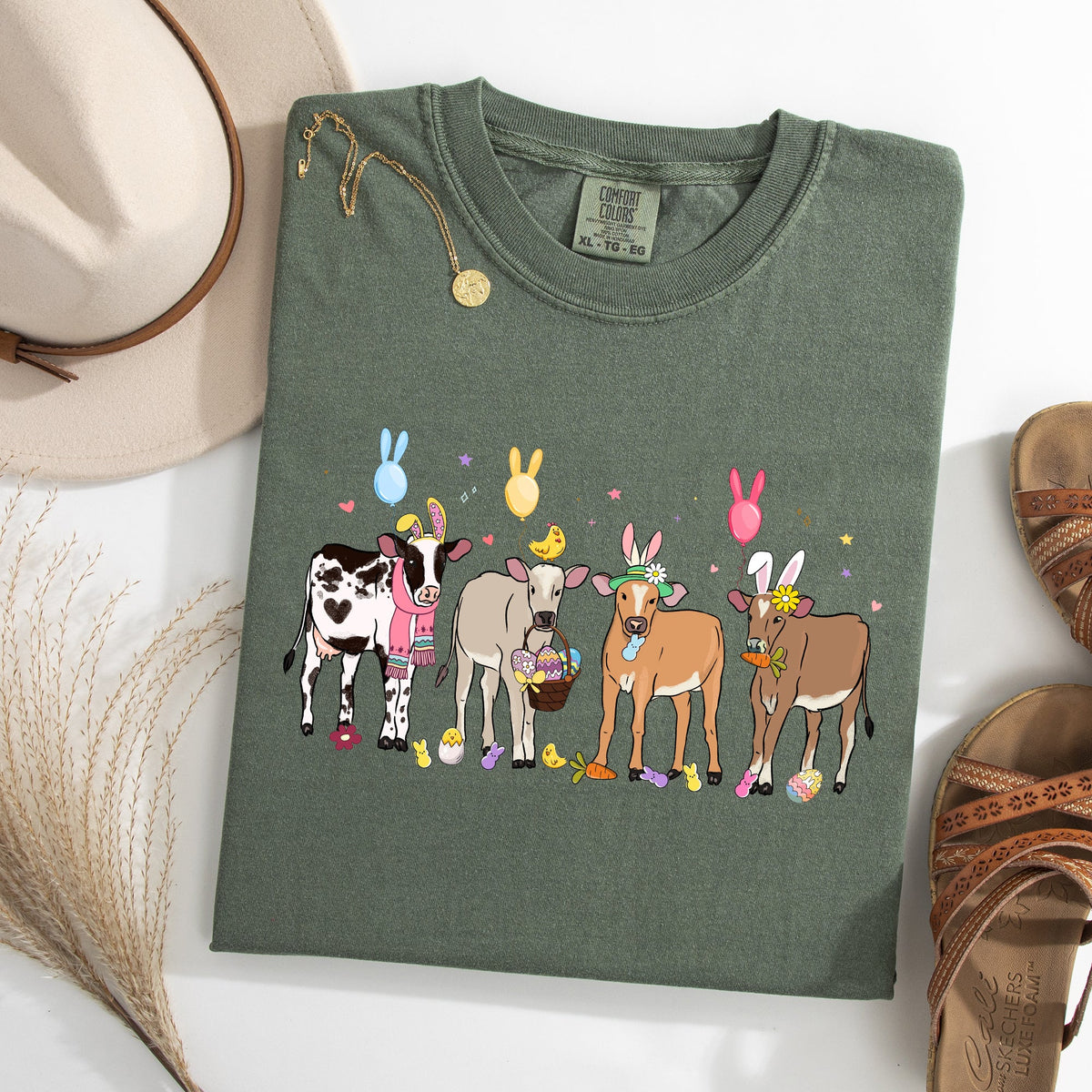 Cute Cows Easter Bunny Jesus Rabbit Holiday Vintage Inspired Classic Comfort Colors Tee