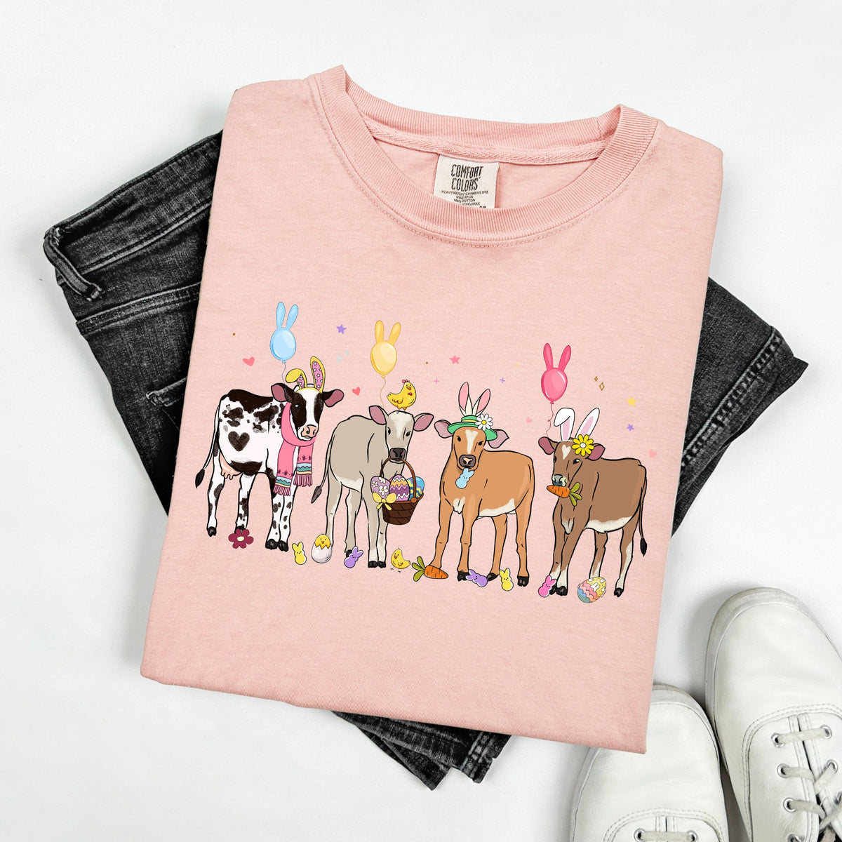 Cute Cows Easter Bunny Jesus Rabbit Holiday Vintage Inspired Classic Comfort Colors Tee