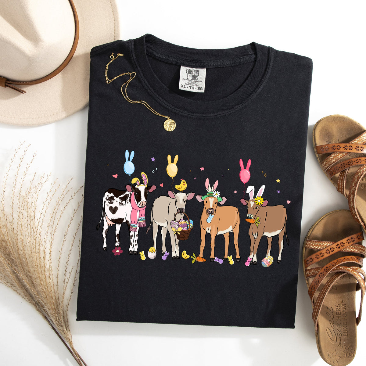 Cute Cows Easter Bunny Jesus Rabbit Holiday Vintage Inspired Classic Comfort Colors Tee