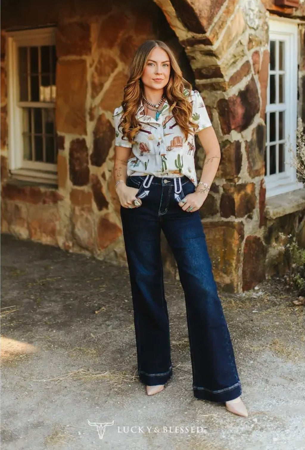 The Western Two-Tone Stitch Flare Jeans – Dark Wash