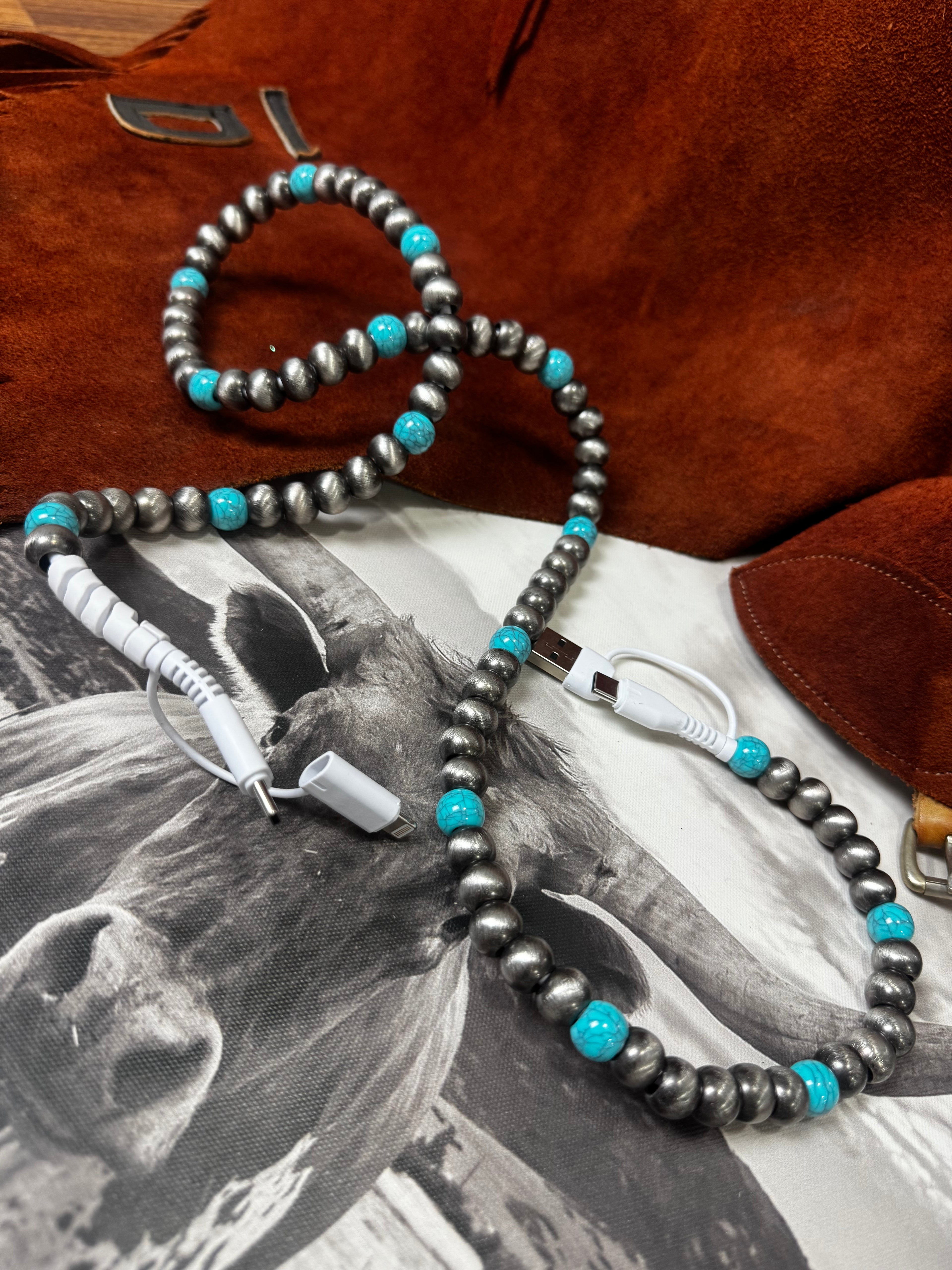 4-Way Faux Pearl Beaded Phone Charger - Turquoise