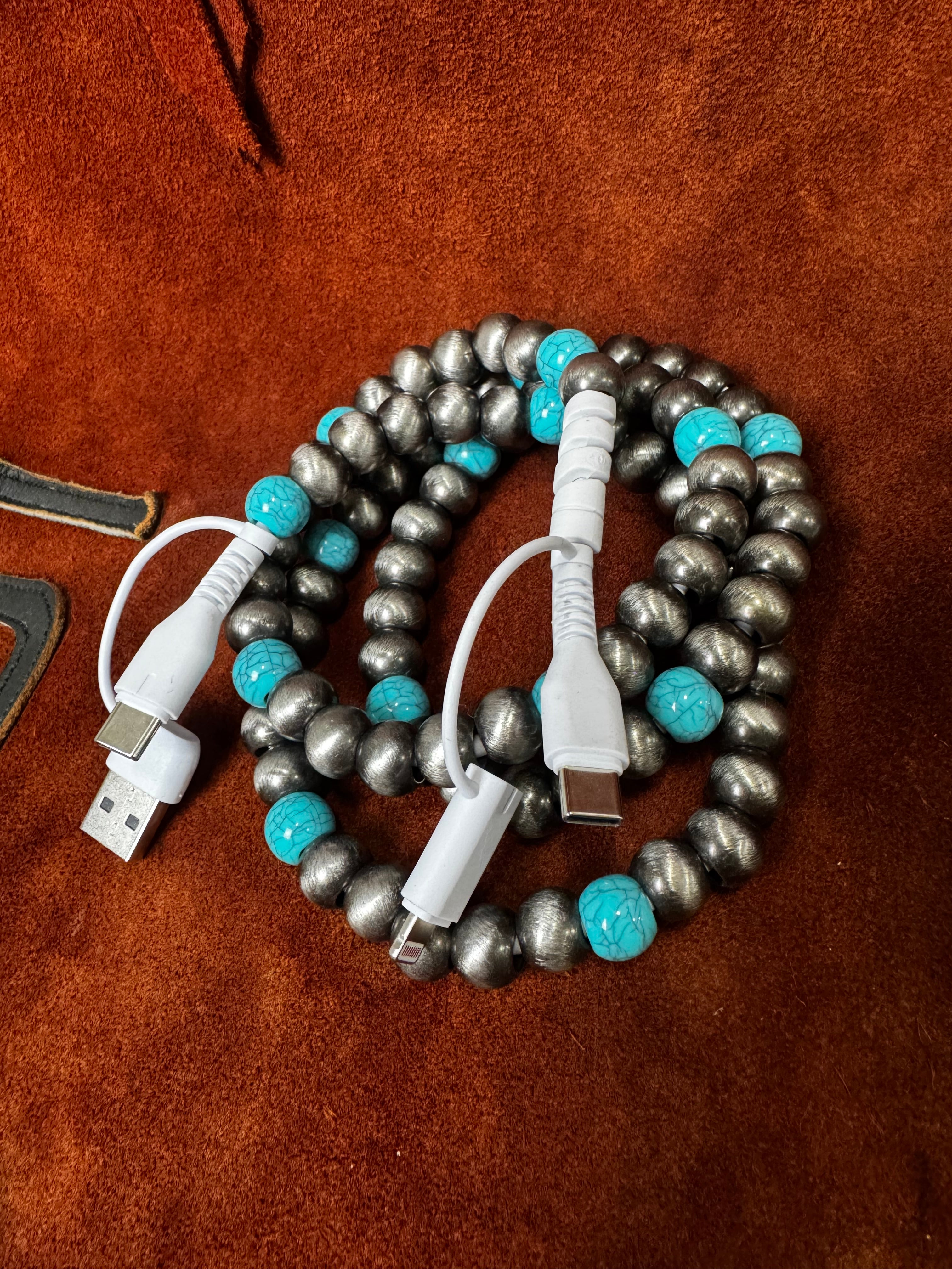 4-Way Faux Pearl Beaded Phone Charger - Turquoise