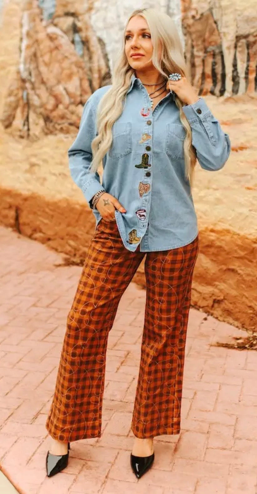 The Yeehaw Meemaw Plaid Wide-Leg Pants
