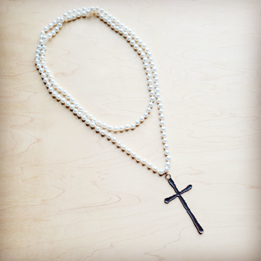 **Extra Long Pearl Beaded Necklace w/ Copper Cross 260m