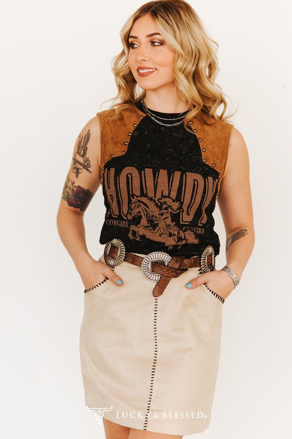 The Boy Howdy Black Mineral Wash Studded Tank