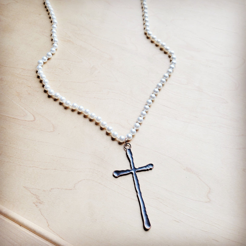 **Extra Long Pearl Beaded Necklace w/ Copper Cross 260m