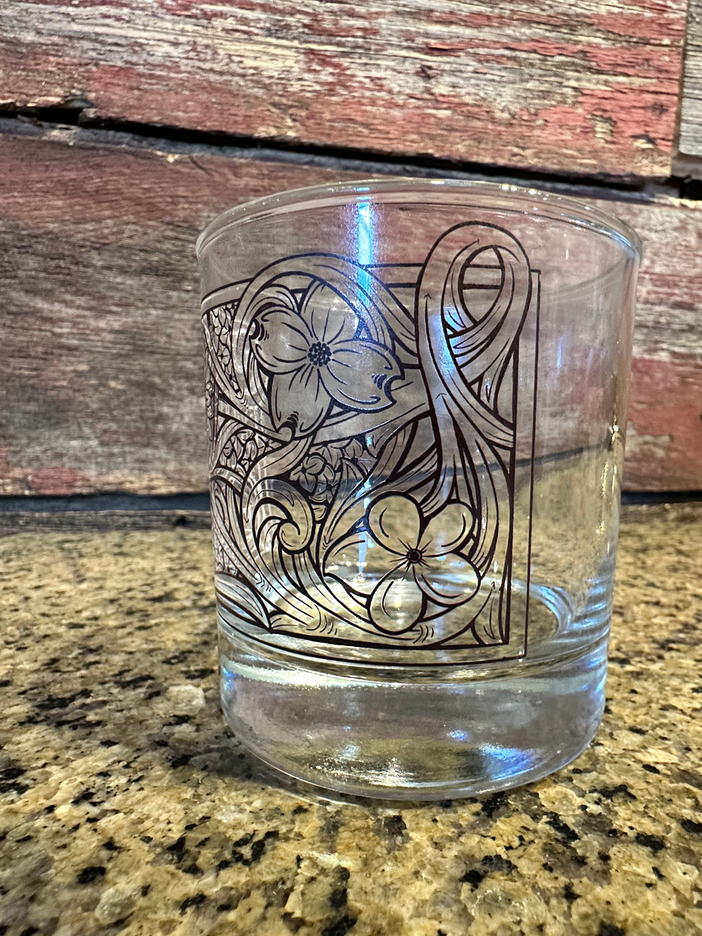 On the Rocks Glass; Floral Tooled Design