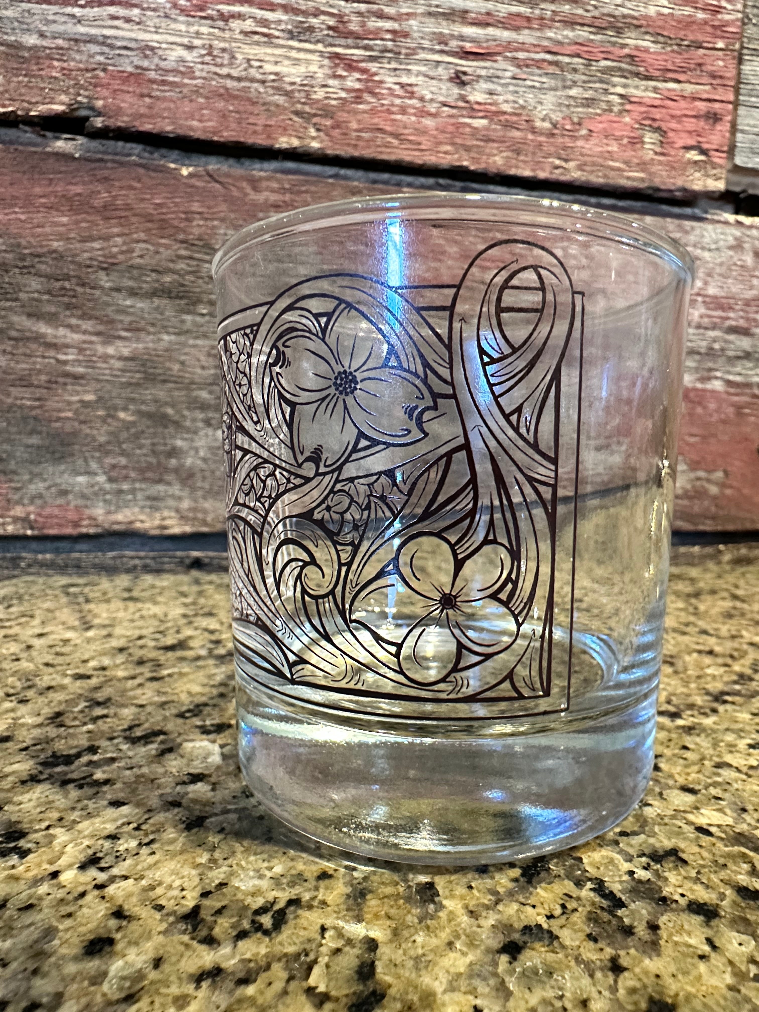 On the Rocks Glass; Floral Tooled Design