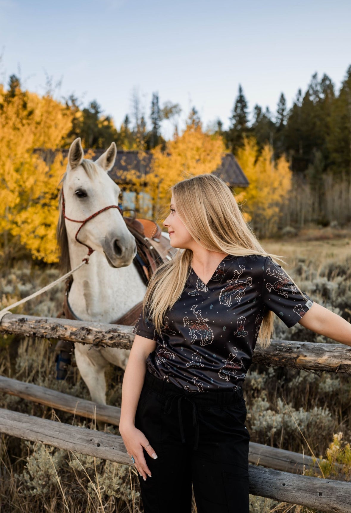 Black Bronc Scrub Top | Spurrin’ Scrubs