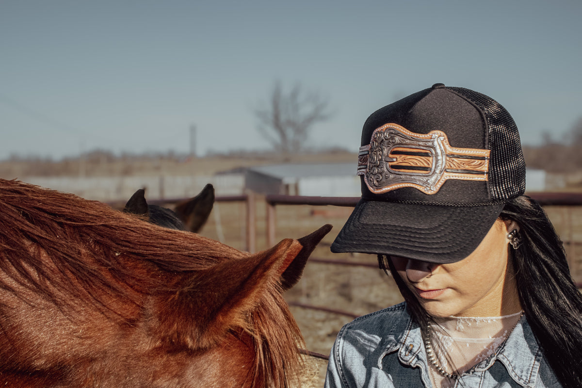 Silver Buckle Handtooled Leather Patch Cap