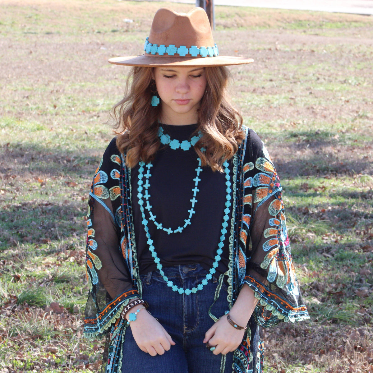 **Long Turquoise Beaded Cross Necklace 258L*