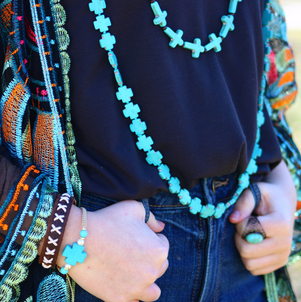 **Long Turquoise Beaded Cross Necklace 258L*