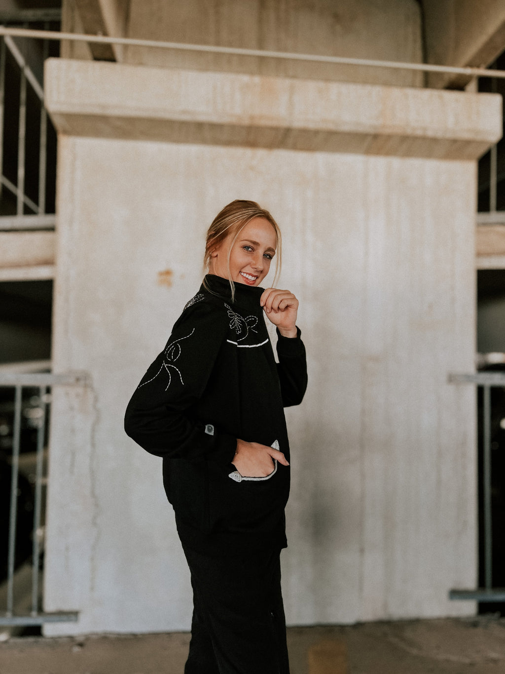 Black Floral Embroidered Zip-Up Sweatshirt | Spurrin’ Scrubs