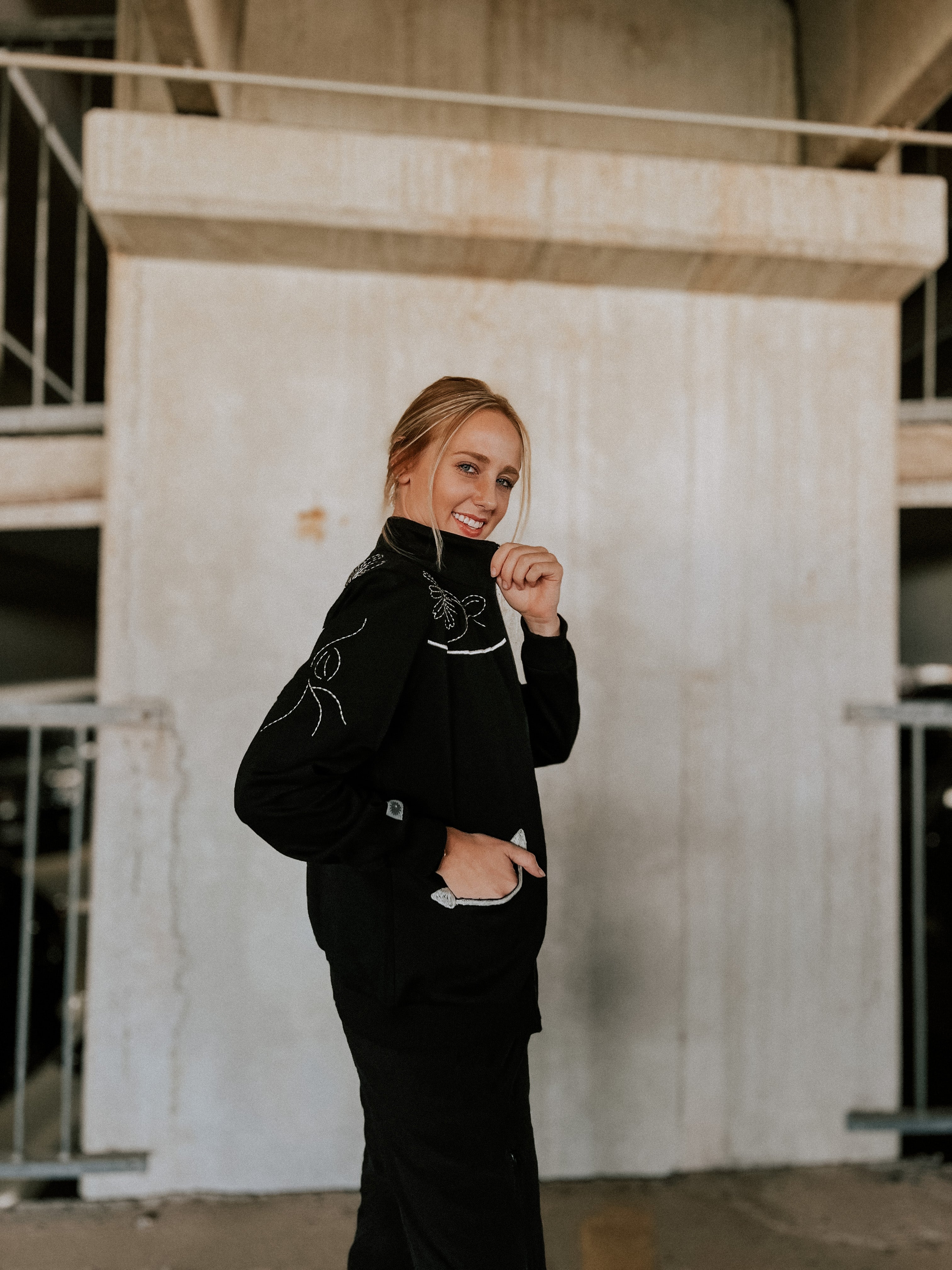 Black Floral Embroidered Zip-Up Sweatshirt | Spurrin’ Scrubs