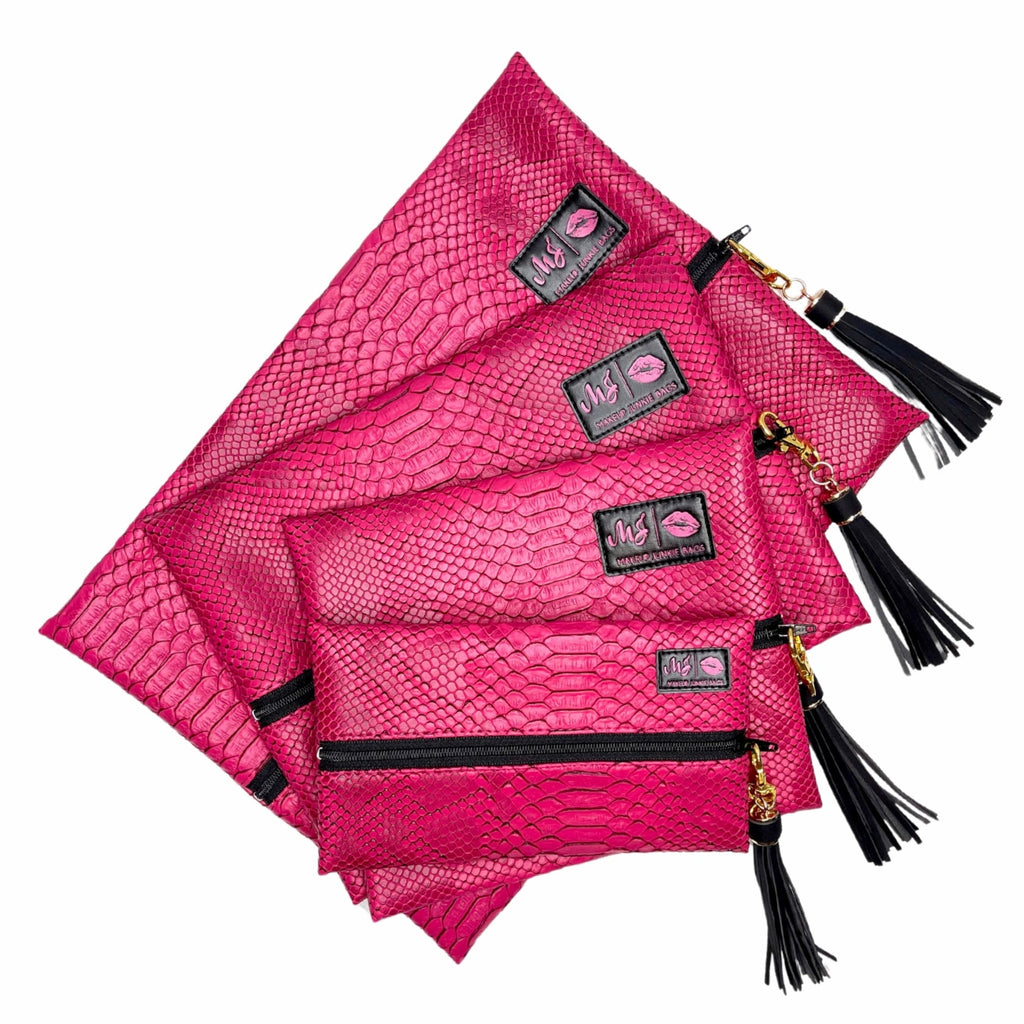 Makeup Junkie | Flat Lay Spill Resistant Bag : Pink Python