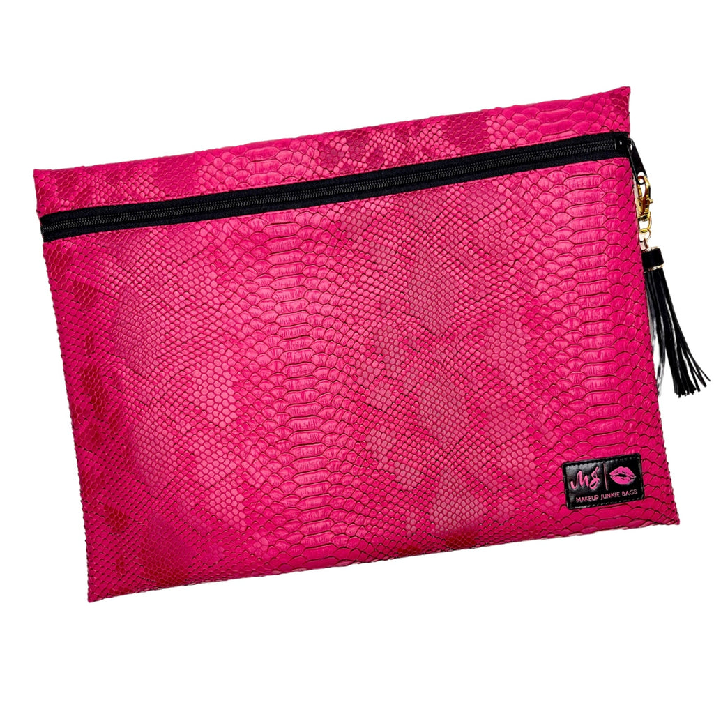Makeup Junkie | Flat Lay Spill Resistant Bag : Pink Python