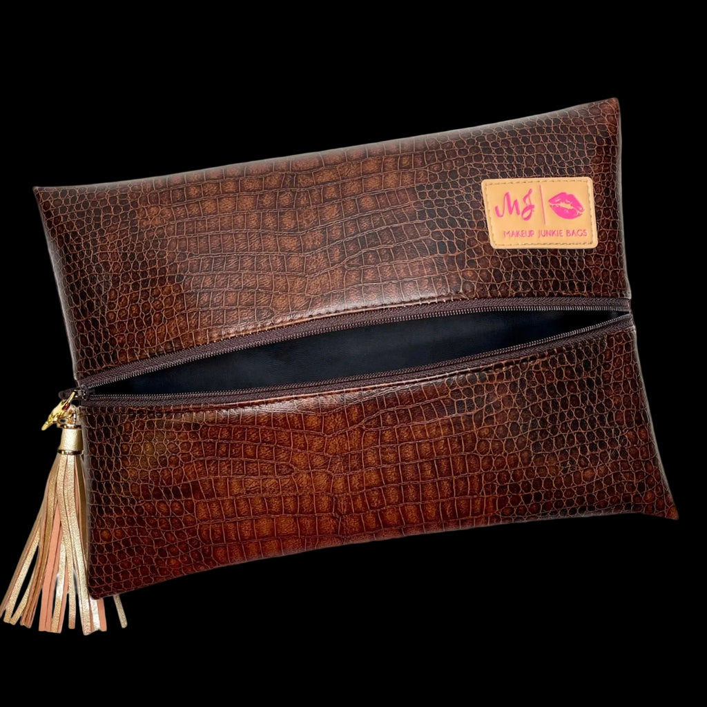 Makeup Junkie | Flat Lay Spill Resistant Bag : Choco Croc