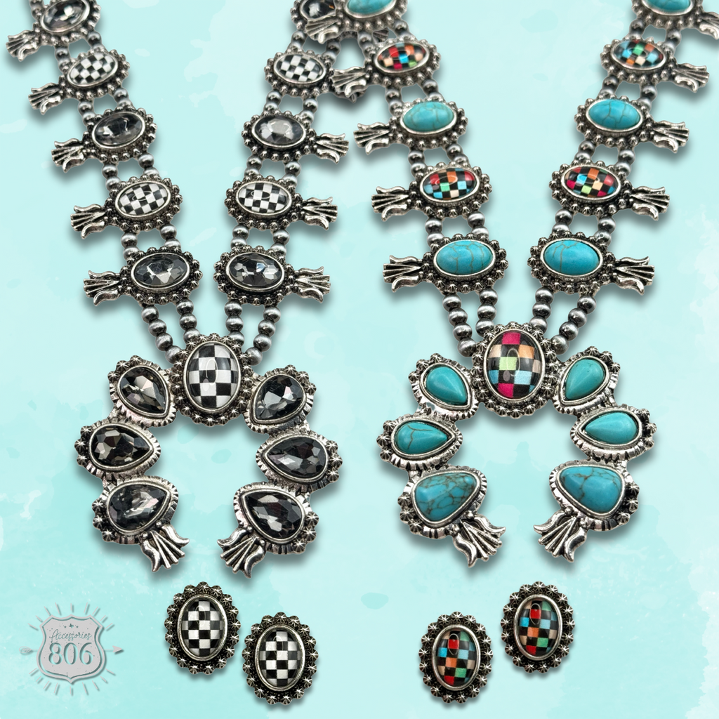 The Midland Checkerboard Squash Blossom Necklace Set - Choose Your Color!