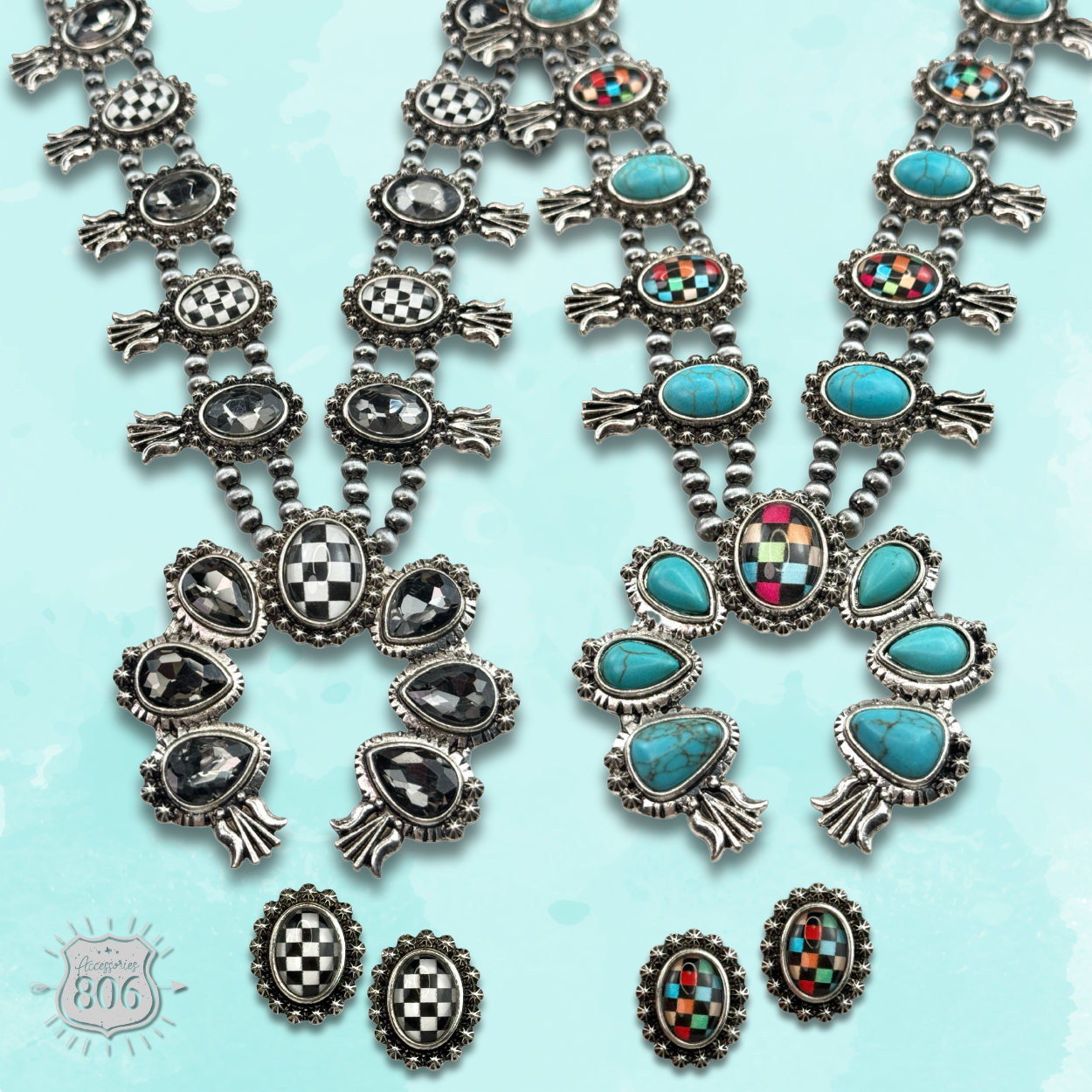 The Midland Checkerboard Squash Blossom Necklace Set - Choose Your Color!