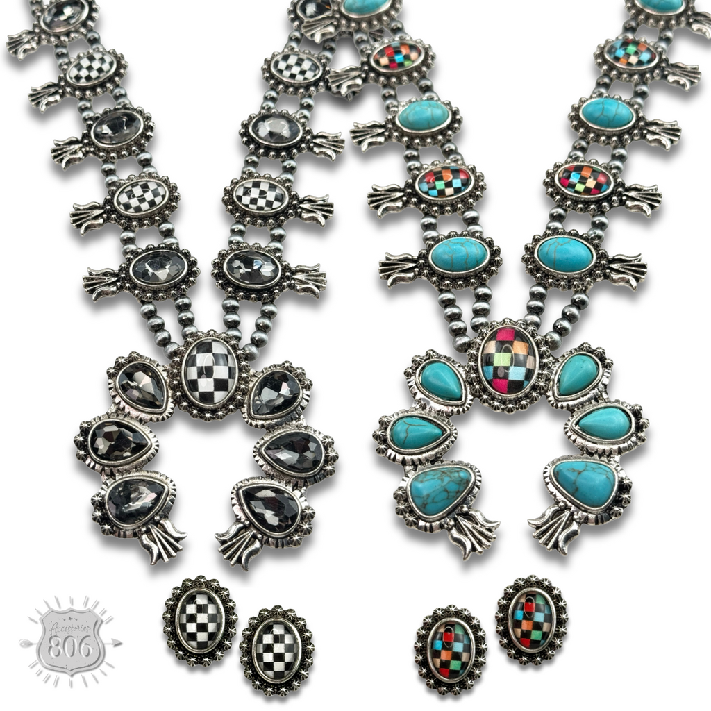 The Midland Checkerboard Squash Blossom Necklace Set - Choose Your Color!