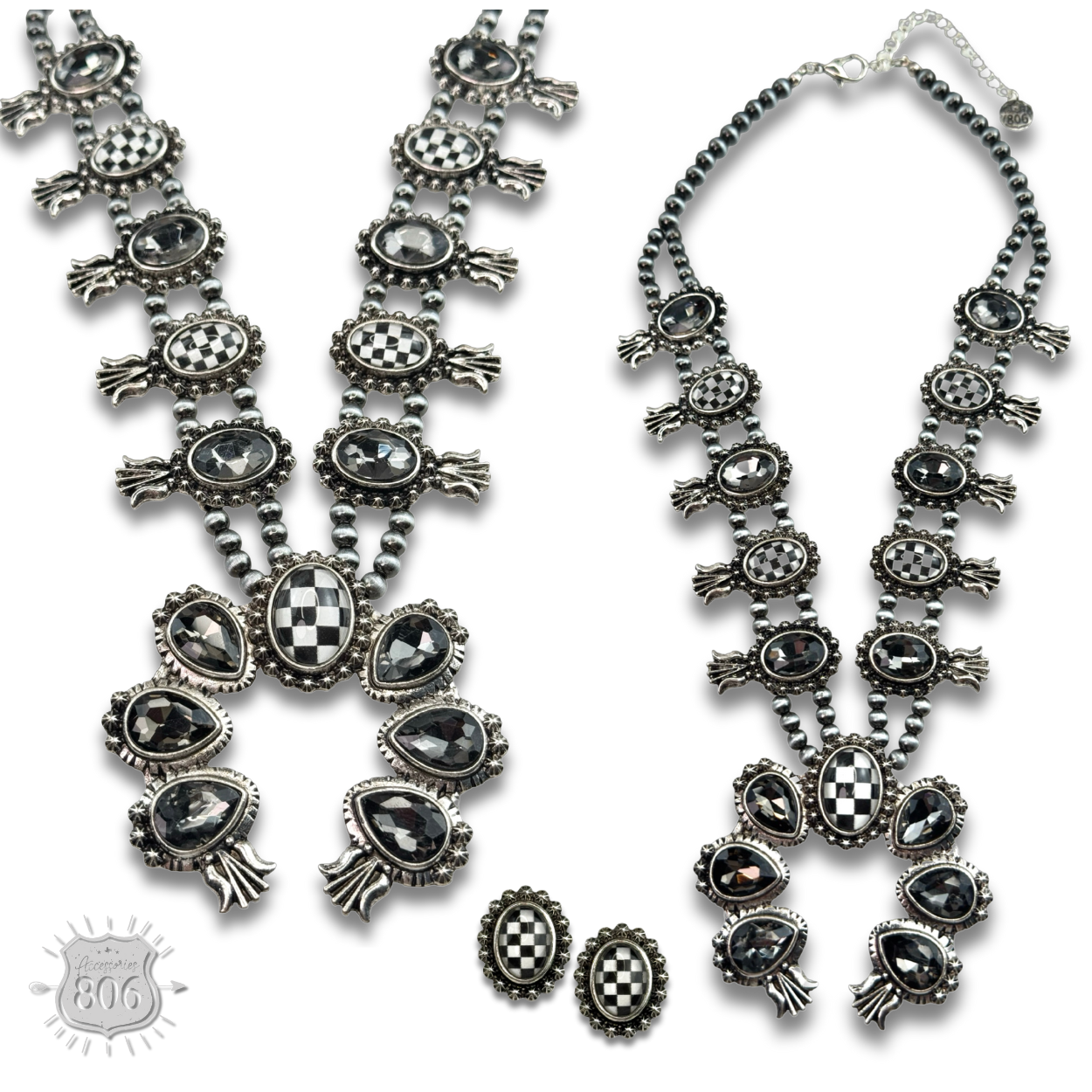 The Midland Checkerboard Squash Blossom Necklace Set - Choose Your Color!