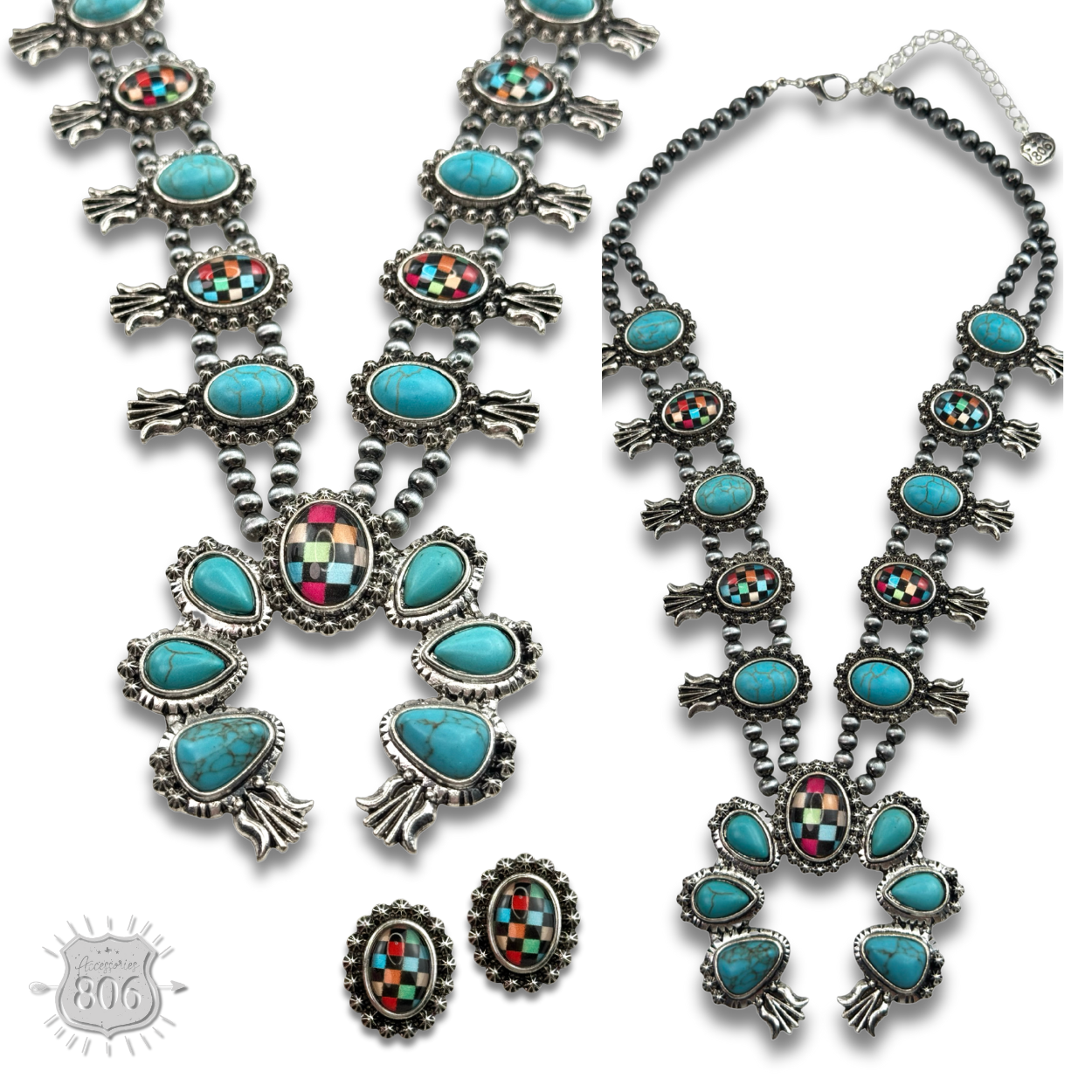 The Midland Checkerboard Squash Blossom Necklace Set - Choose Your Color!