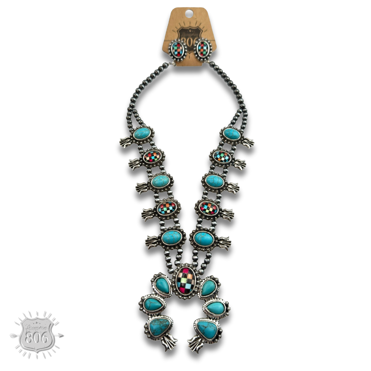 The Midland Checkerboard Squash Blossom Necklace Set - Choose Your Color!