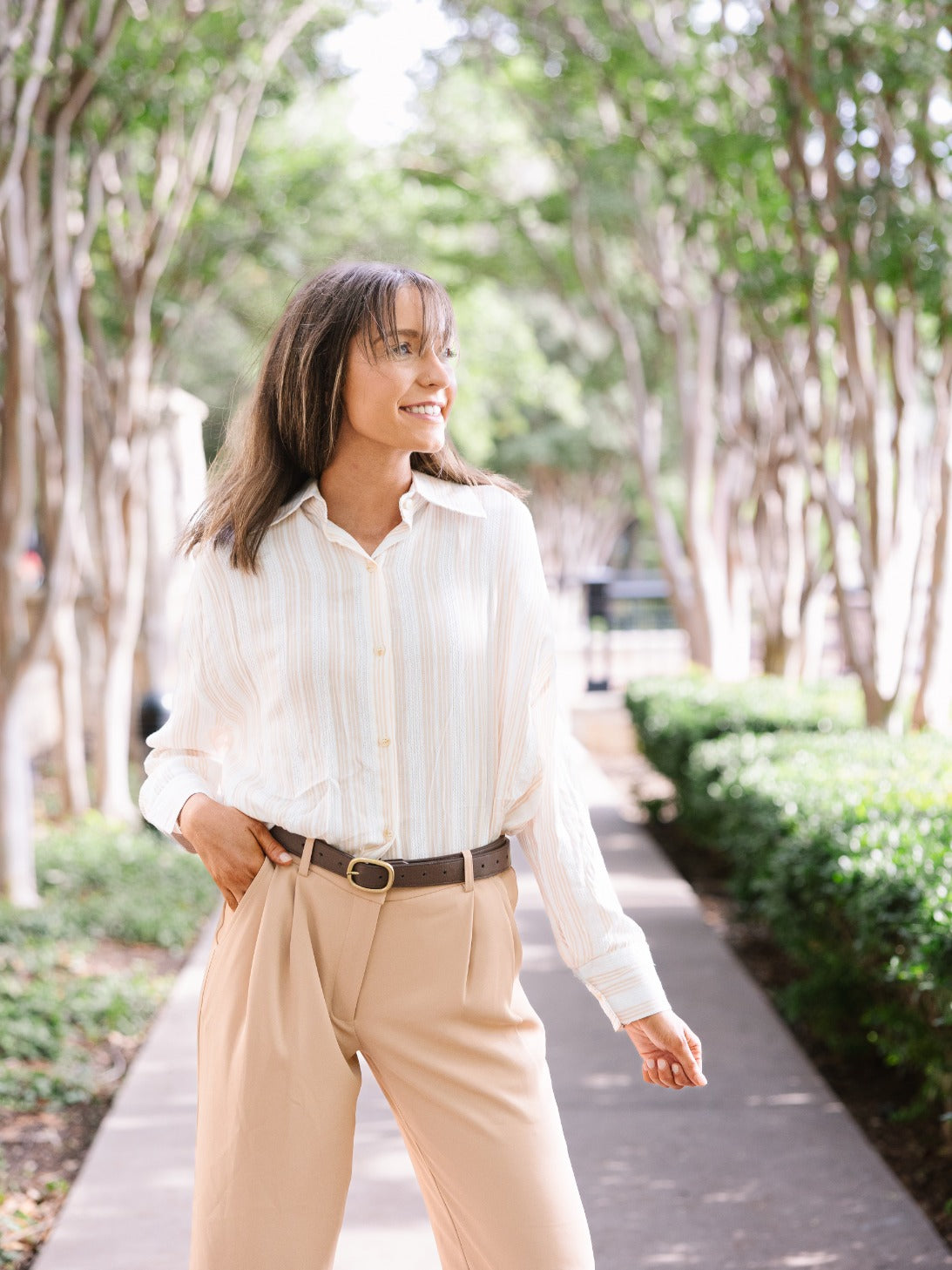 The Kathryn Button-Up, Beige Stripes