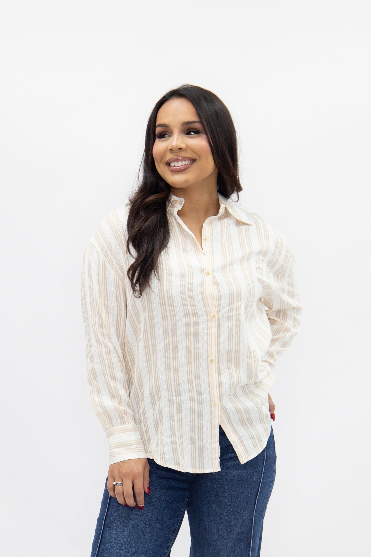 The Kathryn Button-Up, Beige Stripes