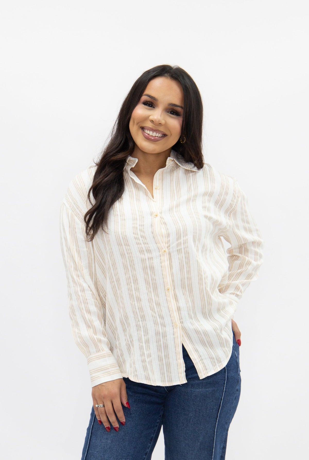 The Kathryn Button-Up, Beige Stripes
