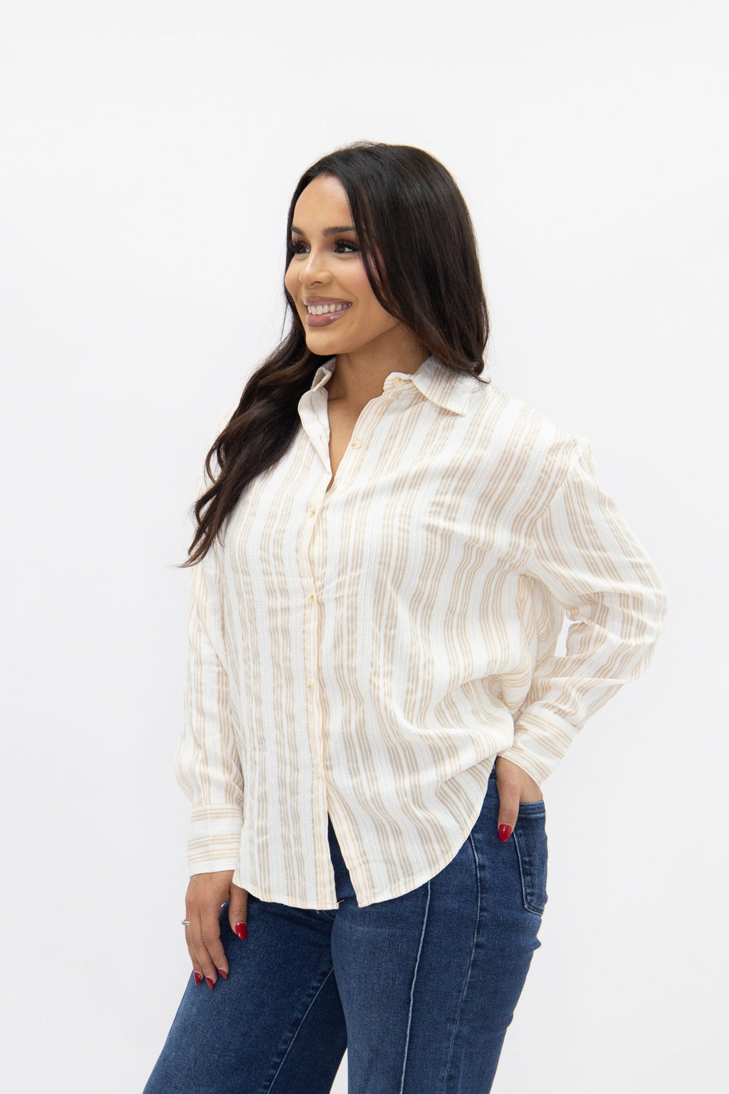 The Kathryn Button-Up, Beige Stripes