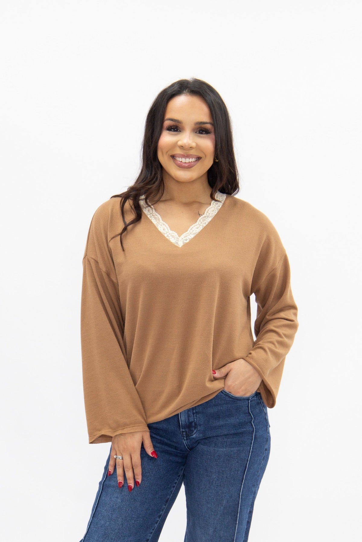 The Tatum V-Neck Top with Lace Trim, Brown