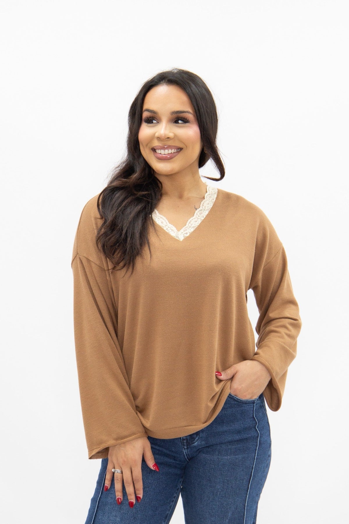 The Tatum V-Neck Top with Lace Trim, Brown