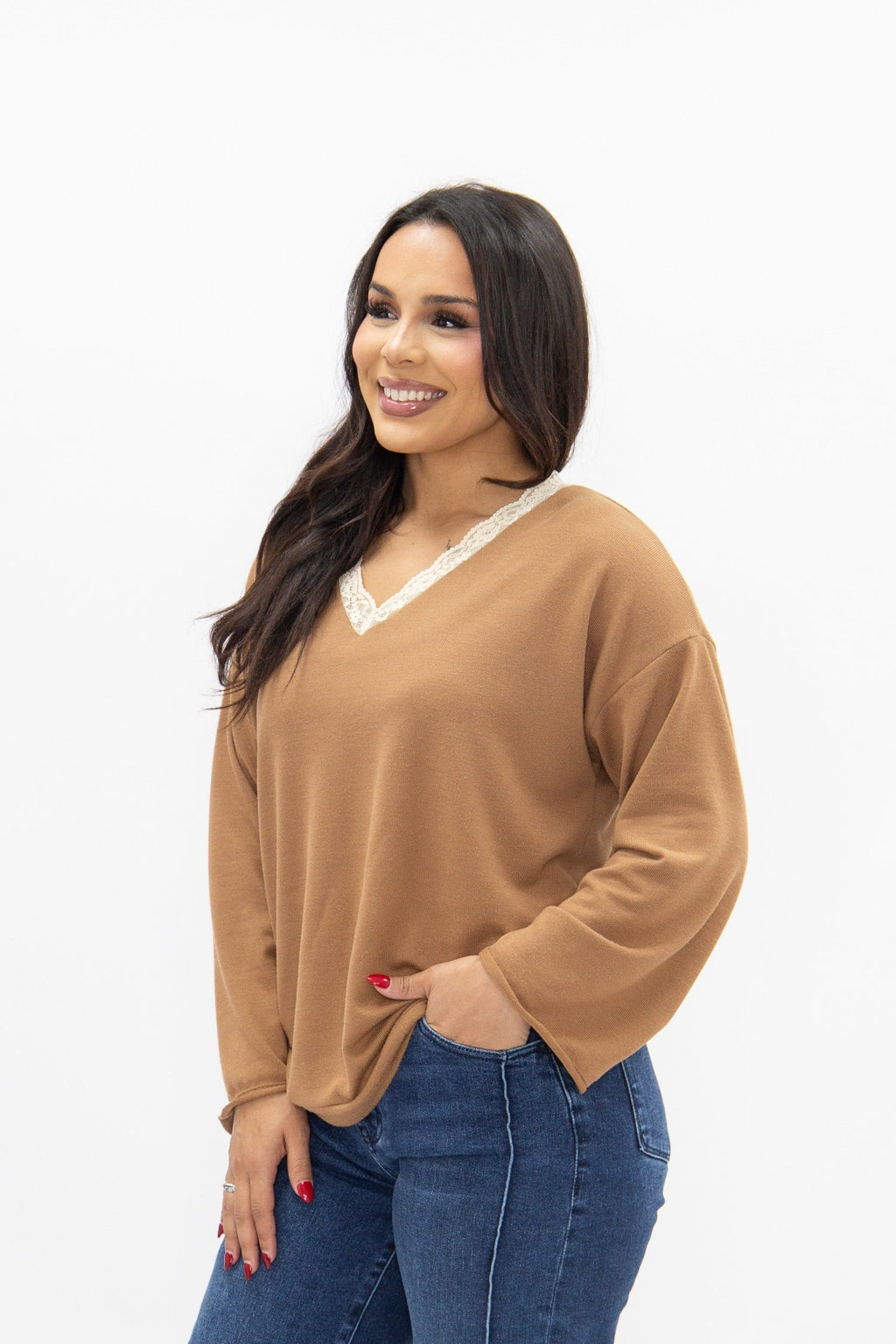 The Tatum V-Neck Top with Lace Trim, Brown