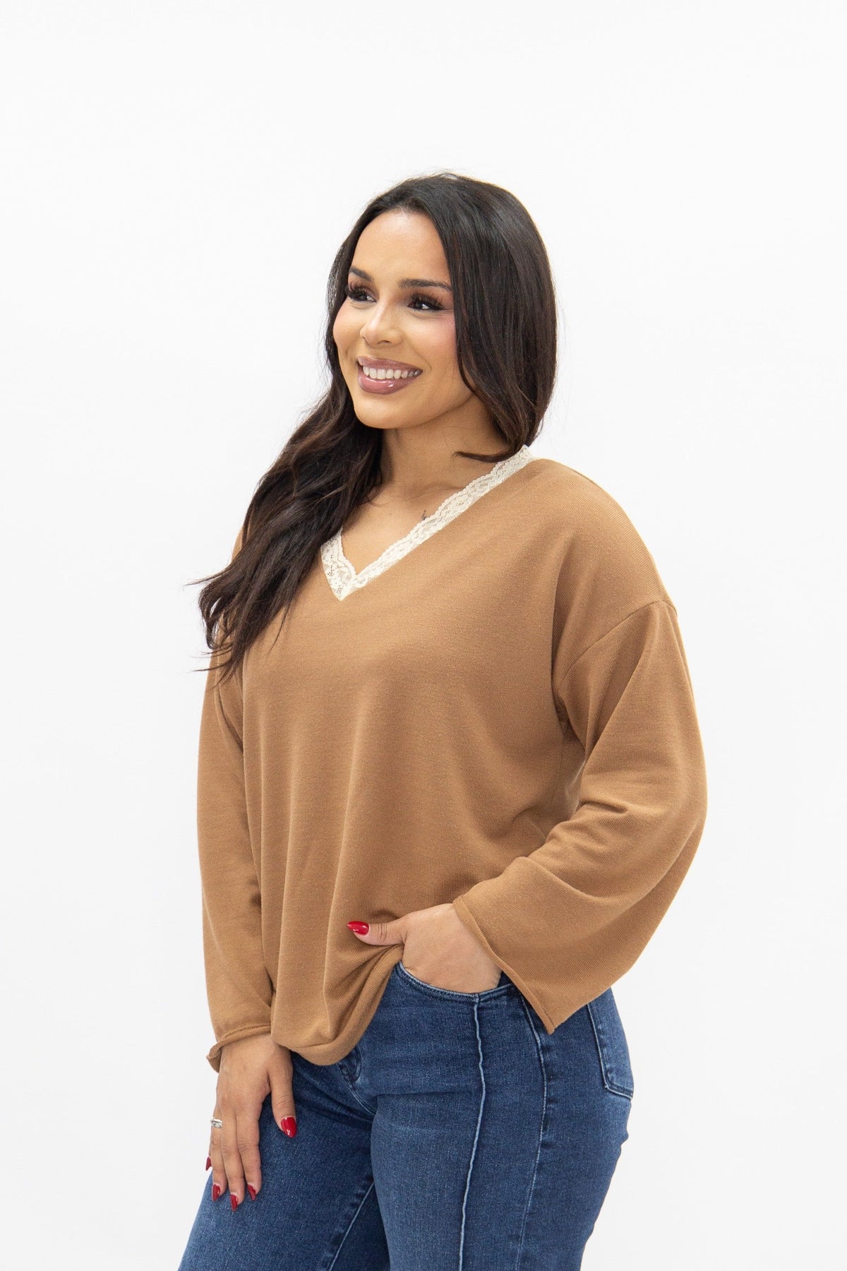 The Tatum V-Neck Top with Lace Trim, Brown
