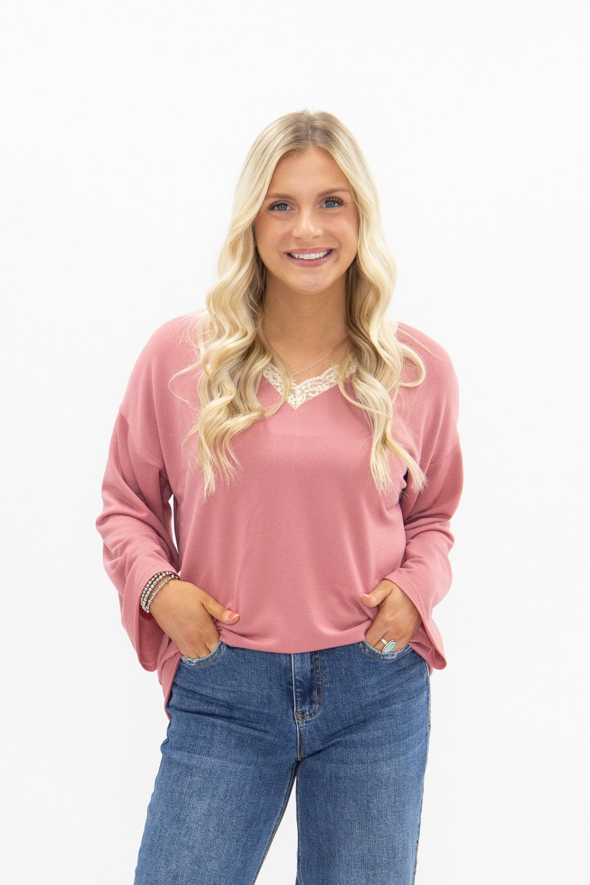The Tatum V-Neck Top with Lace Trim, Dusty Rose