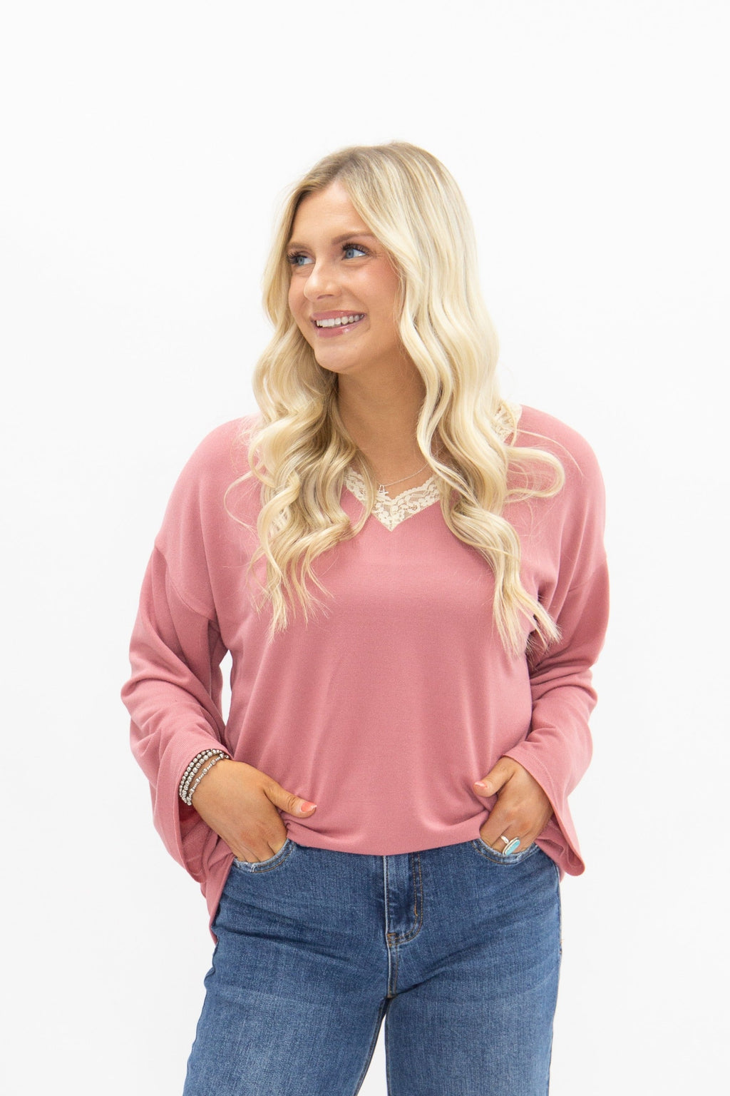 The Tatum V-Neck Top with Lace Trim, Dusty Rose
