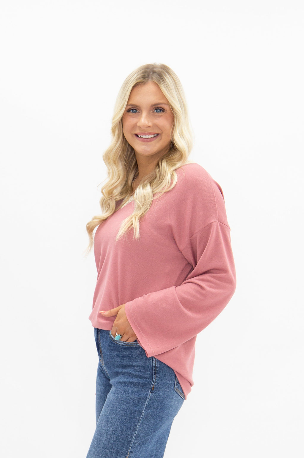 The Tatum V-Neck Top with Lace Trim, Dusty Rose