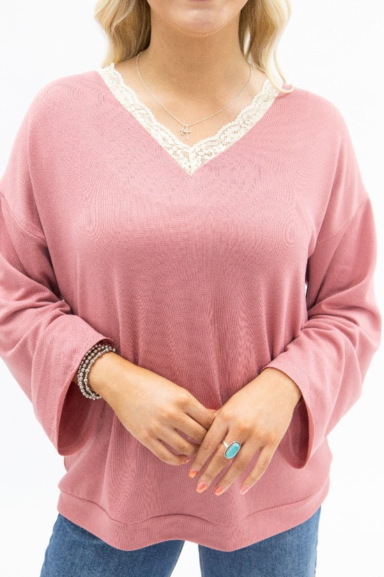 The Tatum V-Neck Top with Lace Trim, Dusty Rose