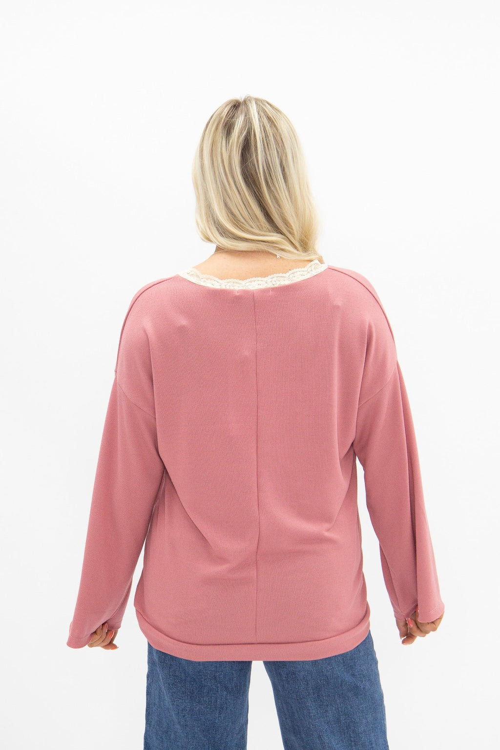 The Tatum V-Neck Top with Lace Trim, Dusty Rose