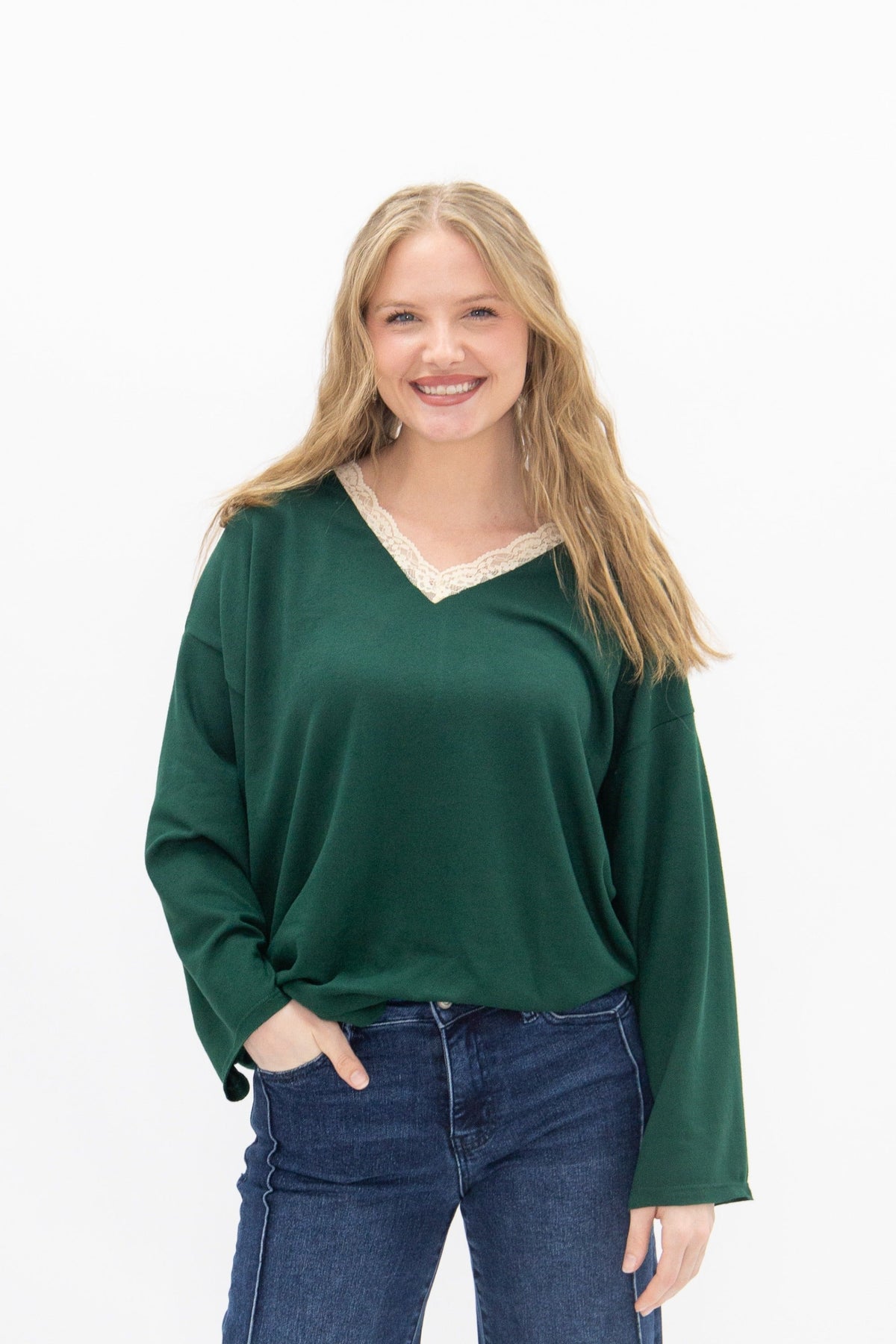 The Tatum V-Neck Top with Lace Trim, Forest Green