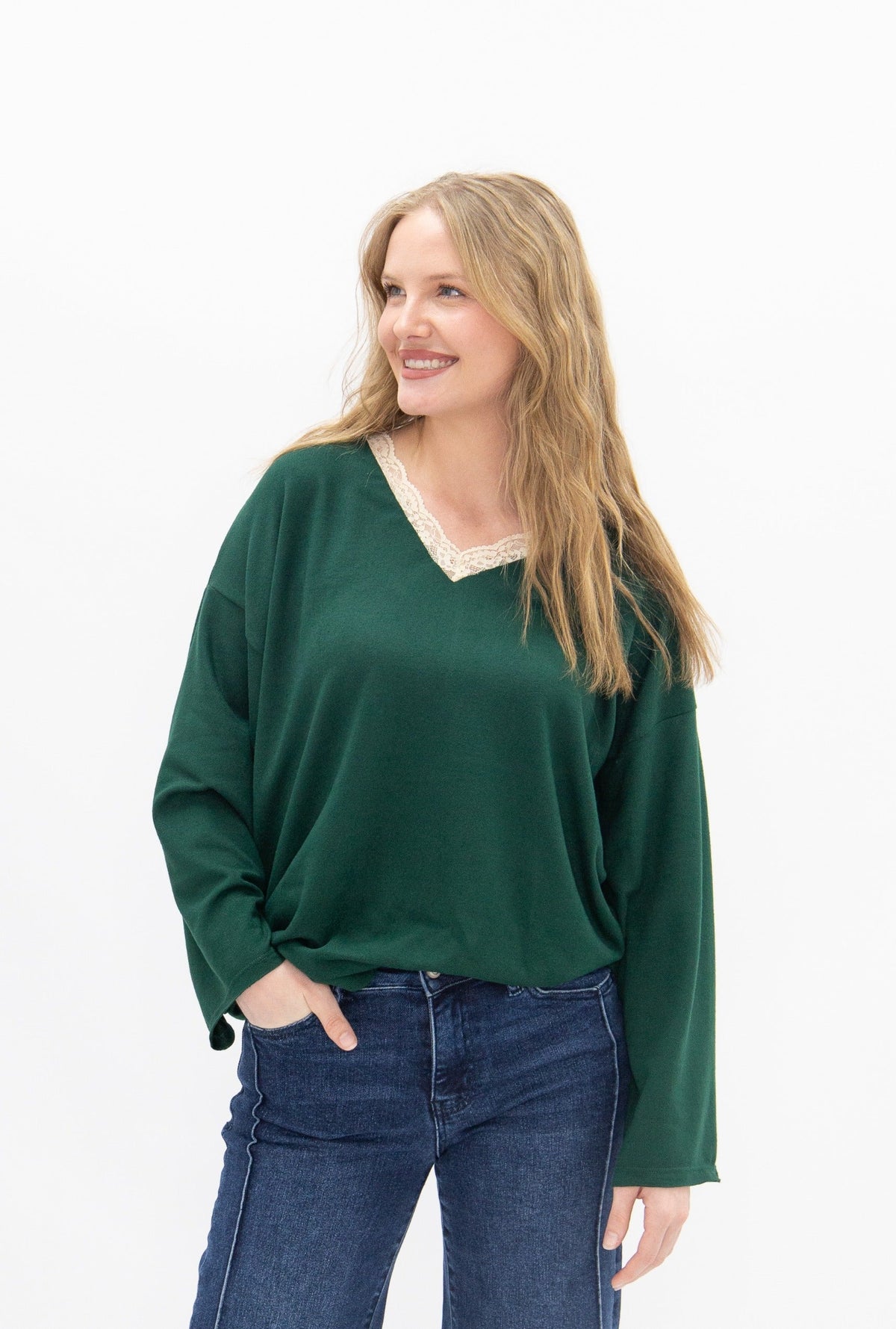 The Tatum V-Neck Top with Lace Trim, Forest Green