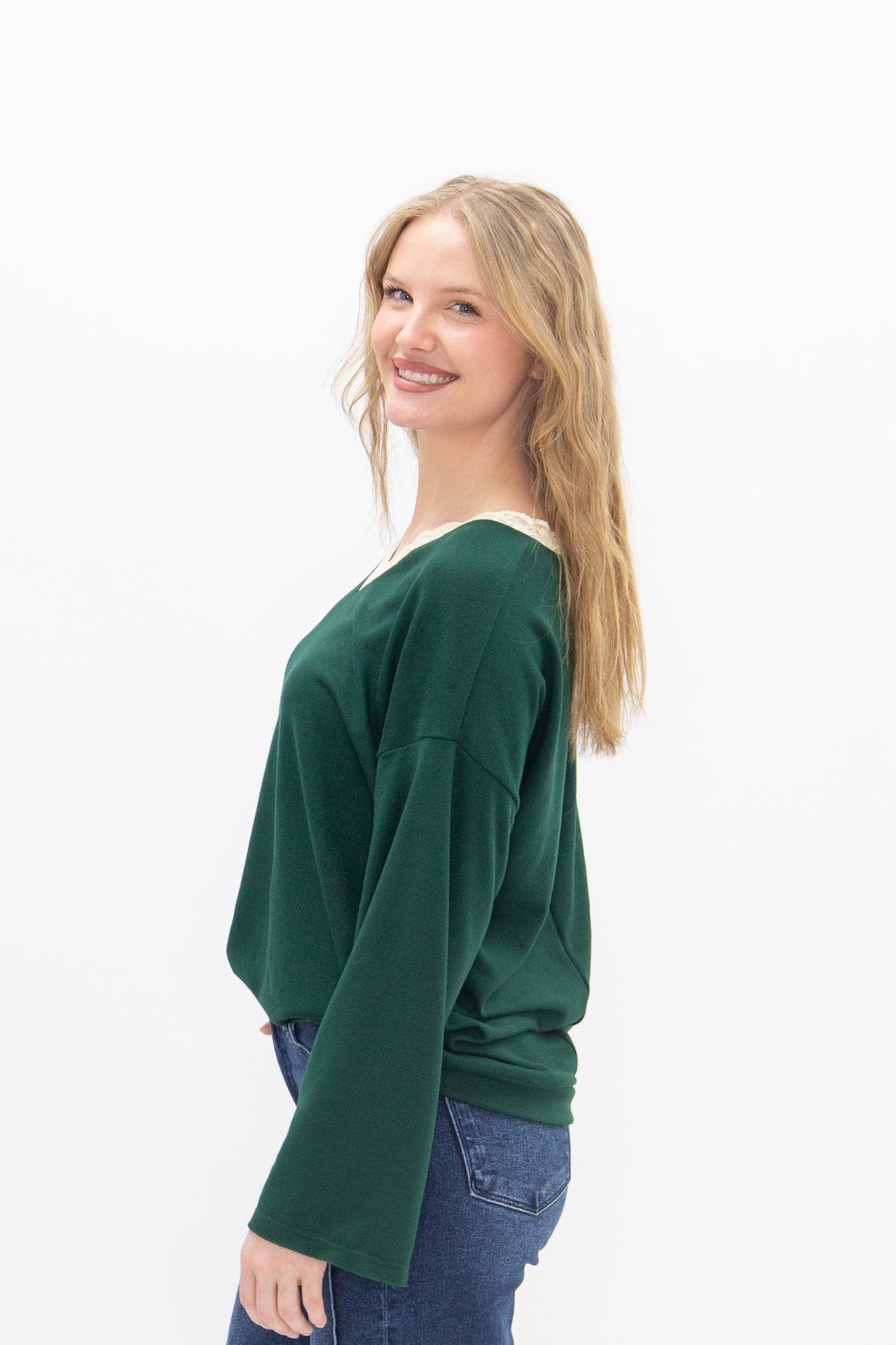 The Tatum V-Neck Top with Lace Trim, Forest Green