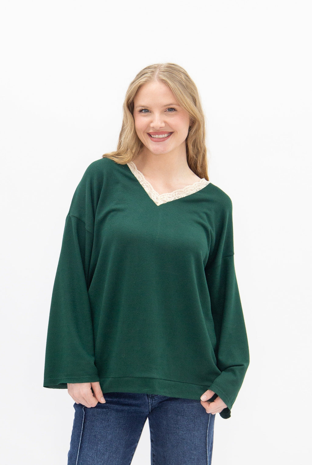 The Tatum V-Neck Top with Lace Trim, Forest Green