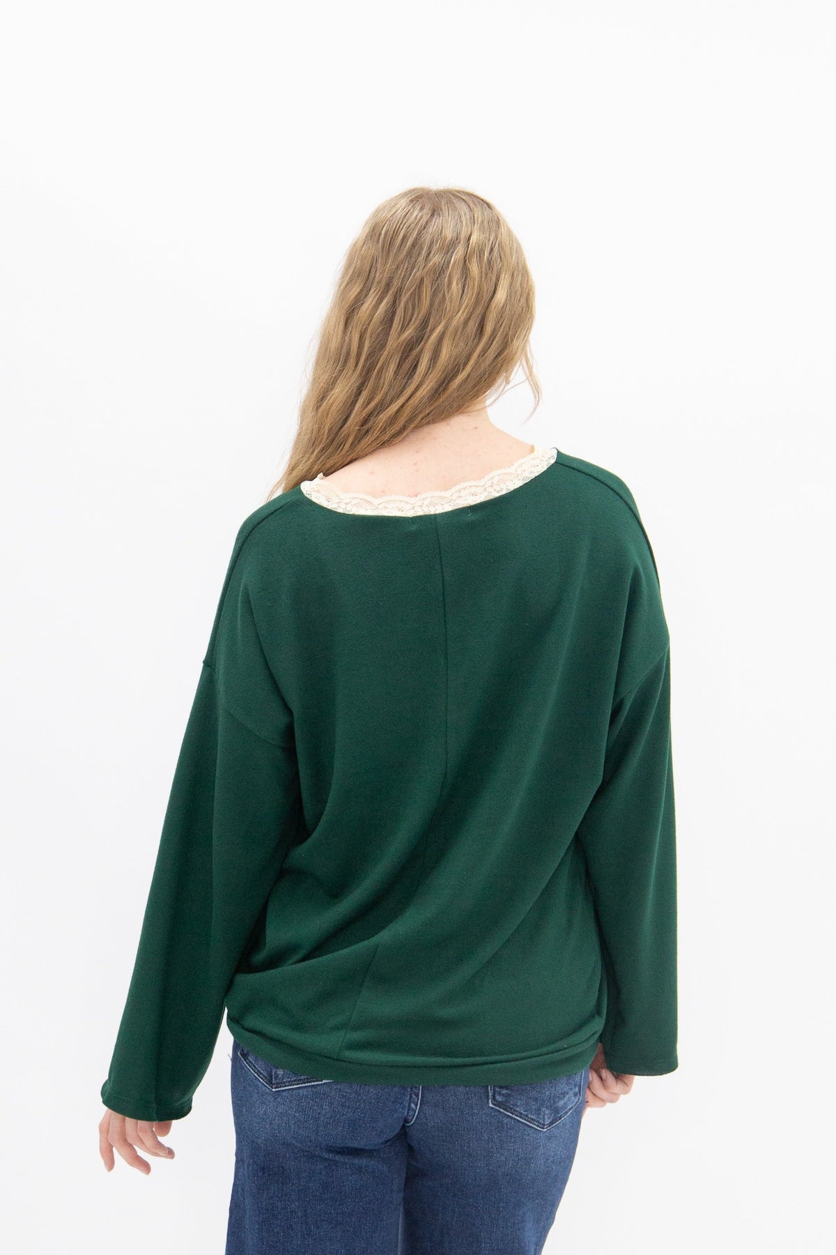 The Tatum V-Neck Top with Lace Trim, Forest Green