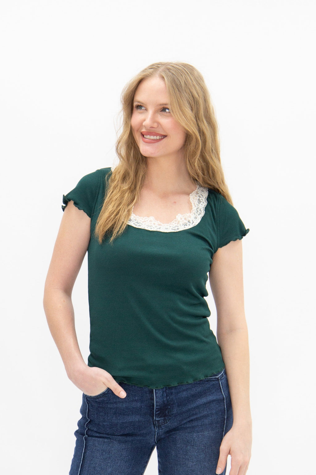 The Kenzie Square Neck Tee with Lace Trim, Forest Green