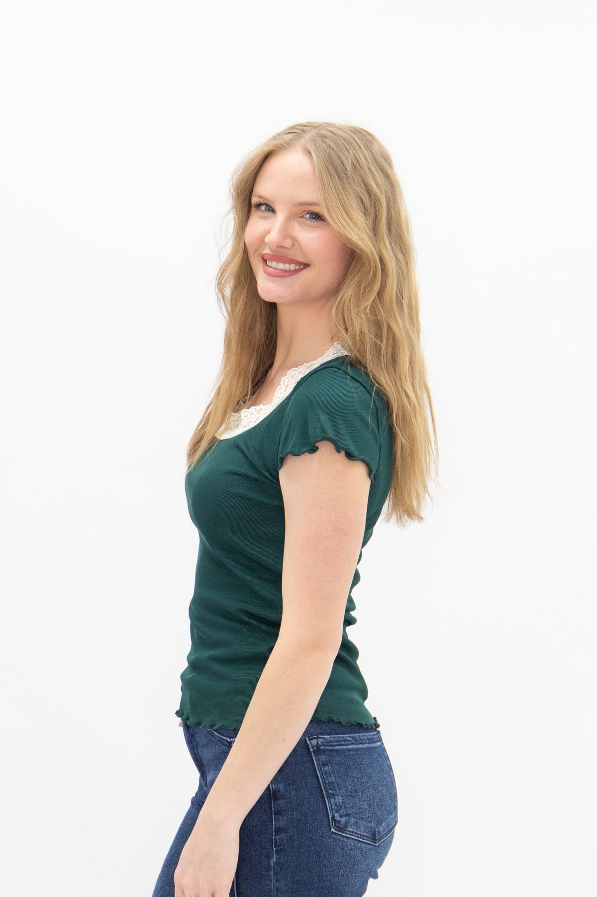 The Kenzie Square Neck Tee with Lace Trim, Forest Green