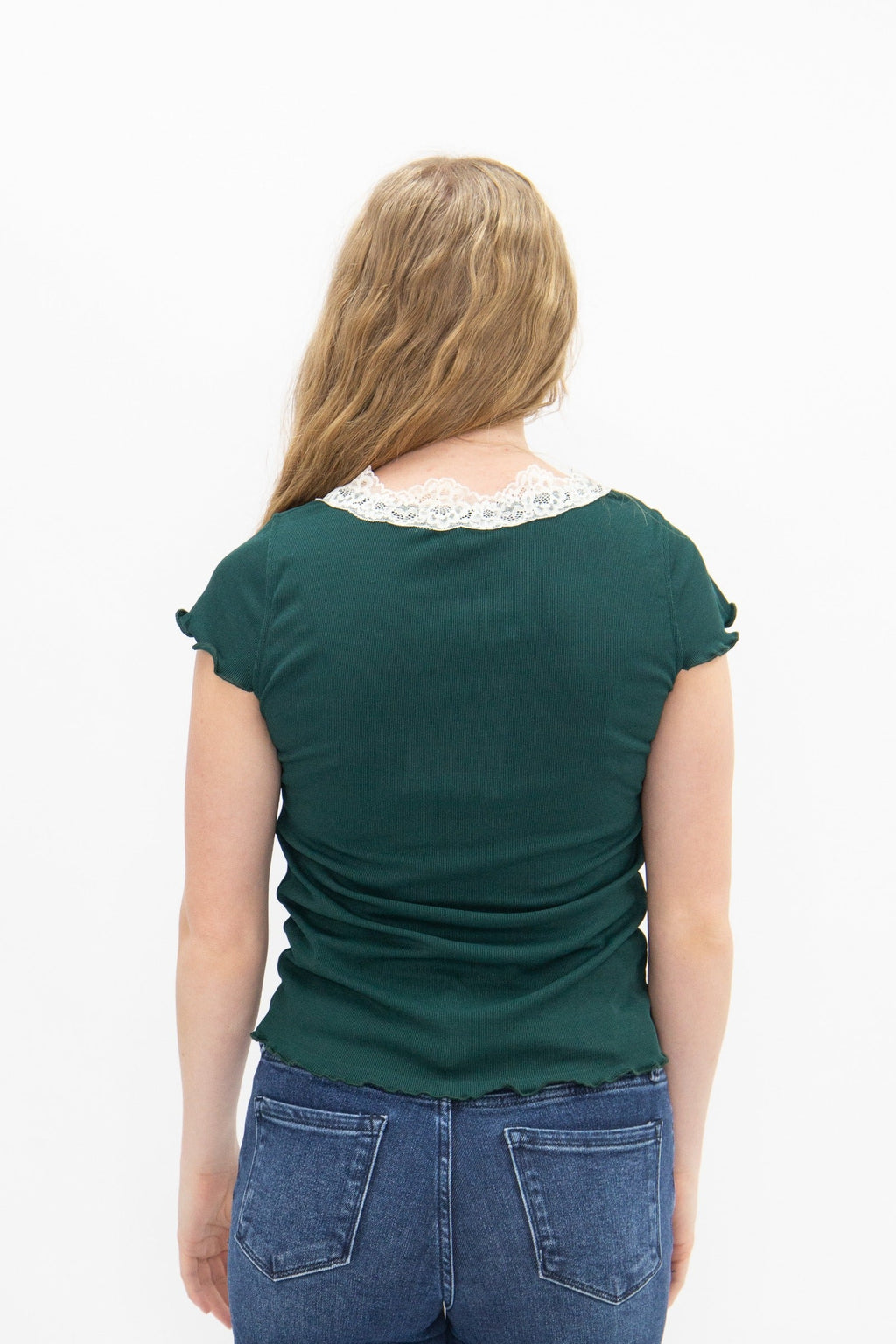 The Kenzie Square Neck Tee with Lace Trim, Forest Green