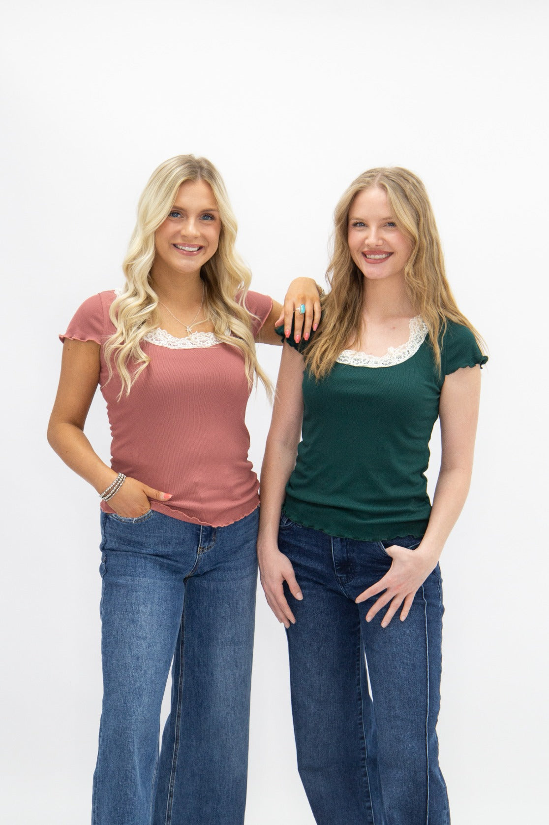 The Kenzie Square Neck Tee with Lace Trim, Forest Green